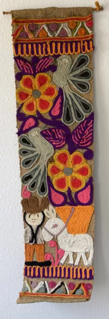 VTG 1970s Mid Century Modern Swag Hippie Burlap Yarn Banner Wall Hanging MCM 50”