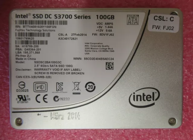 Fujitsu Intel SSD DC S3700 Series 100Gb 2.5" SATA 6GB/s SSD S26361-F5307-E100
