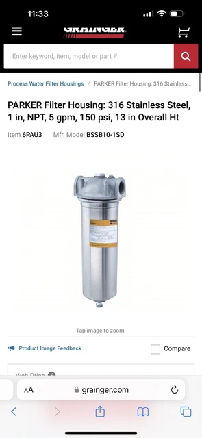 Parker Filter Housing:316 Stainless Steel 1 In, NPT, 5 Gpm, 150psi