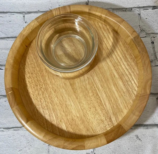 Vintage 12” Wooden Chip Dip Serving Tray Thailand With Glass Pyrex 8200 Dip Bowl