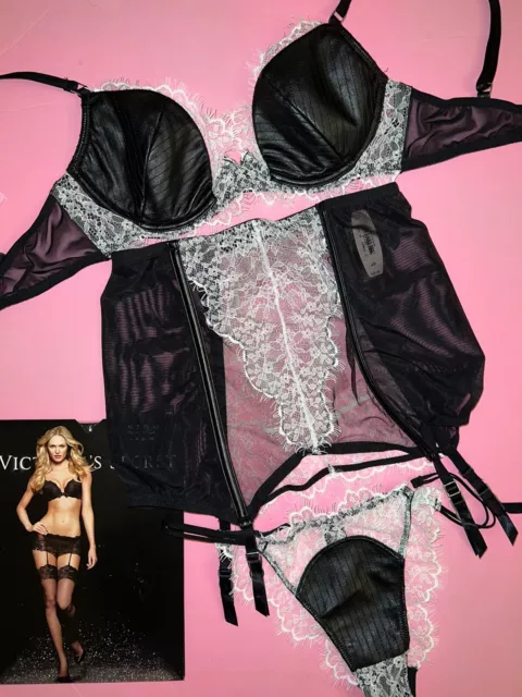 VICTORIAS SECRET SEXY Faux Leather Bra Panty Garter Stocking Set Black 32D  NWT £113.80 - PicClick UK