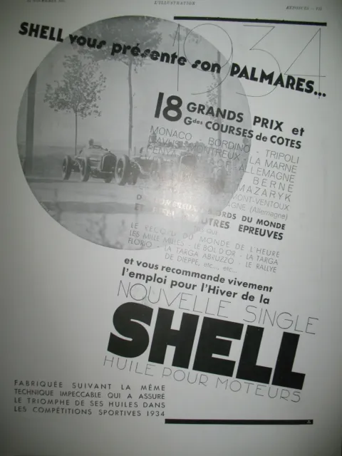 Publicite De Presse Shell Huiles Pour Moteurs Palmares 18 Grands Prix Ad 1934