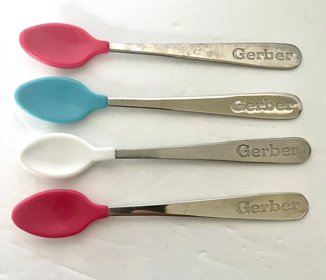 Vintage GERBER Baby Spoons (Lot of 4) Stainless Steel w/Assorted Color Coatings