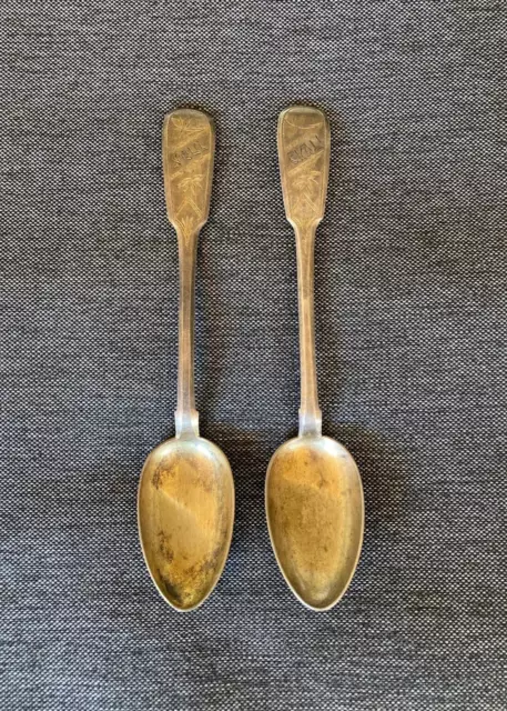 Set of 2 Antique Tea Spoons Russian Sterling Silver 84 Hand Etched Signed 60gr
