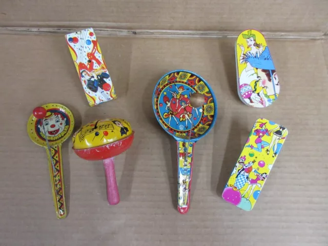 Lot of 6 Vintage Tin Litho Mixed Noise Makers 1950s    C