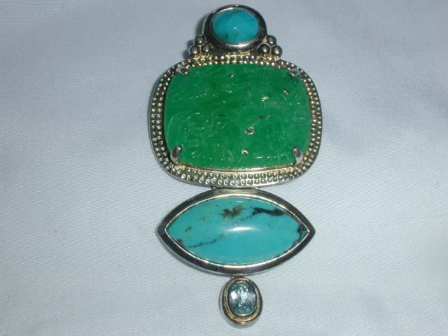 Gorgeous~ Akr- Amy Kahn Russell Sterling Carved Jade Turquoise Pendant- Brooch!