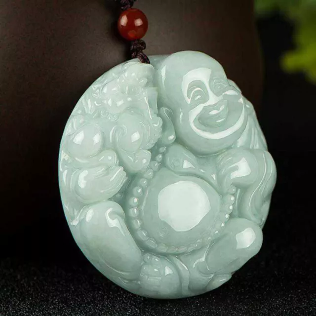 AAA Natural Jadeite Green Jade Hand carved Buddha Lucky Rope Necklace Healing