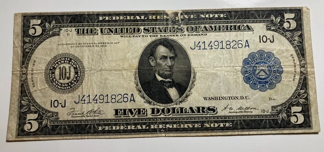 1914 $5 FIVE DOLLARS White-Mellon FEDERAL RESERVE NOTE KANSAS CITY Blue Seal