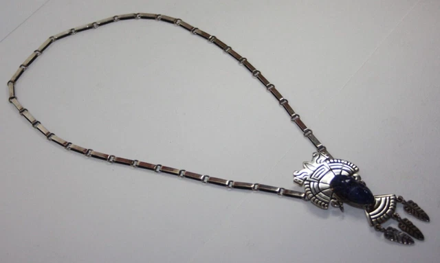 Vintage Taxco Sterling Silver Carved Lapis Aztec Mask Pendant Necklace23"[063GRA