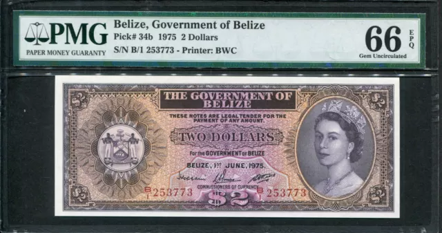Belize 1975, 2 Dollars, P34b, PMG 66 EPQ GEM UNC