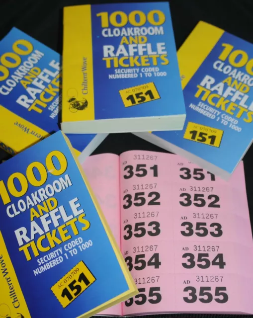 Raffle cloakroom tombola draw security coded tickets numbered 1,1-500, 1-000