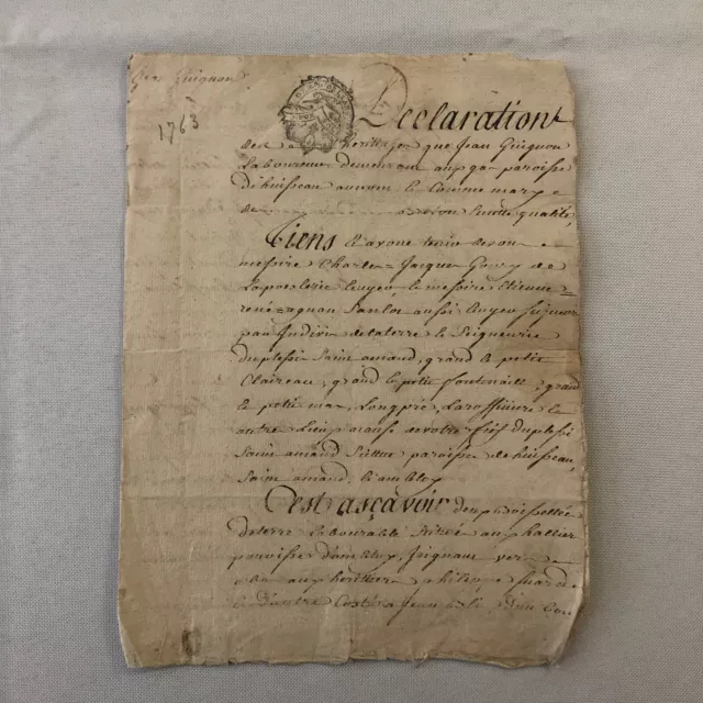 Antique Hand Written French Document Dated 1763 Beautiful Early Letter