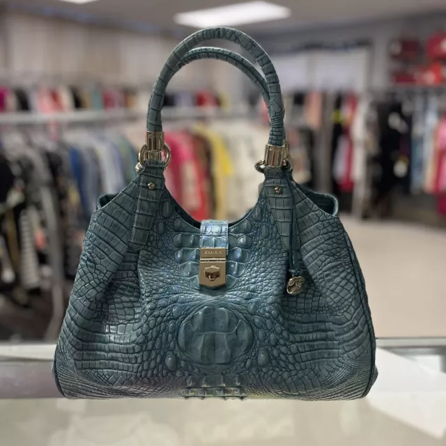 $395 Brahmin Large Elisa Croc Leather Handbag Iridescent Sheen Logo