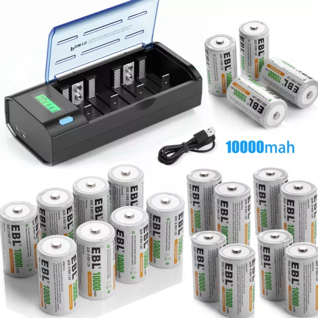 Lot EBL D Size NiMH Rechargeable Batteries 1.2V Ni-MH Battery / Charger