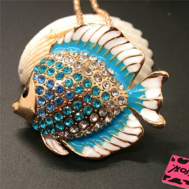 Hot Holiday gifts  Blue Enamel Cute Tropical Fish Crystal Pendant Chain Necklace