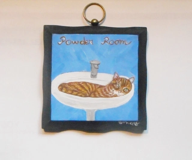 Ginger Red orange Tabby Cat Plaque Powder Room Wall Decor Hand Painted