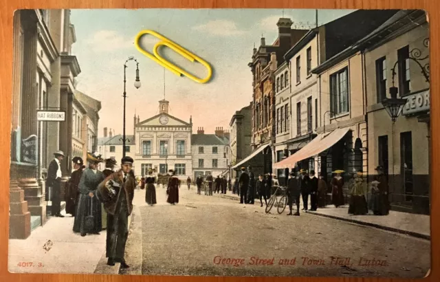 Vintage Postcard George Street and Town Hall, Luton, Bedfordshire 1905 Postmark