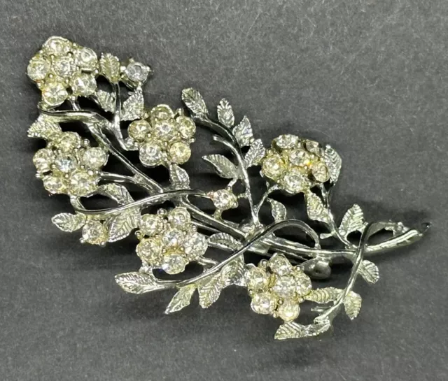 Vintage 1930s Clear Rhinestone Floral Spray Brooch Silvertone Nice Condition Pin