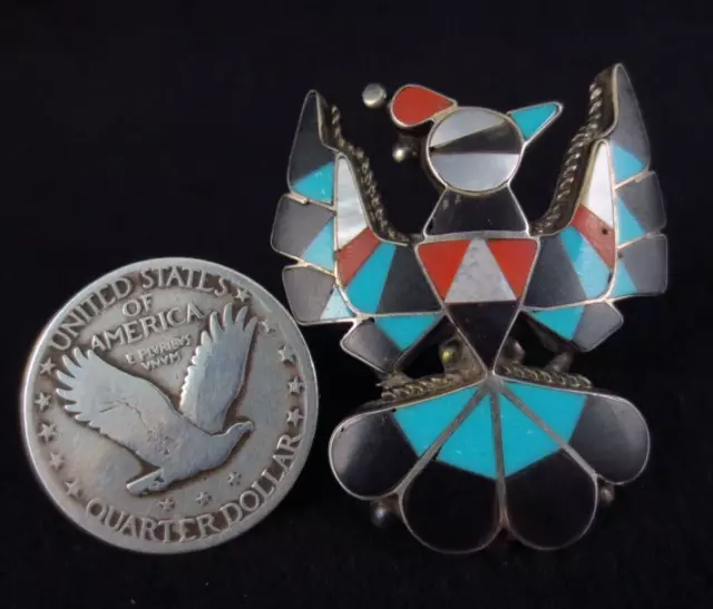 Vintage Zuni Ring - Sterling, Coral, Turquoise, Jet, etc - Inlaid Thunderbird