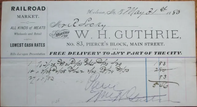 Helena, MT Montana Territory 1880 Letterhead: Meat / Butcher - W. H. Guthrie