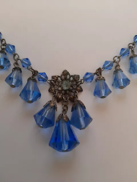 Vintage Art Deco Czech Blue Glass Filigree Dangle Necklace c.1930 - Neiger