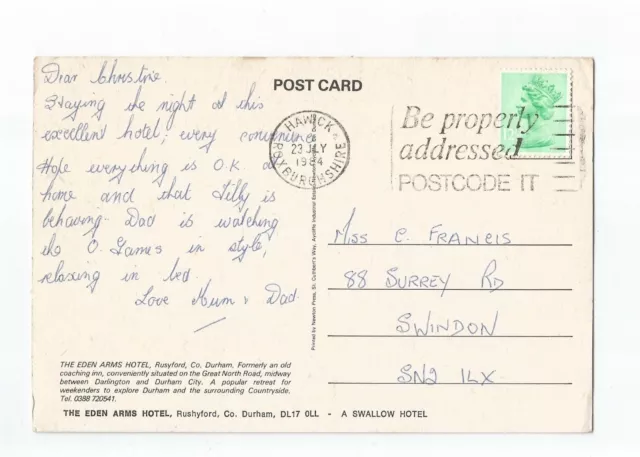 Postcard Eden Arms Hotel Rushyford Co Durham postmark 1984 2