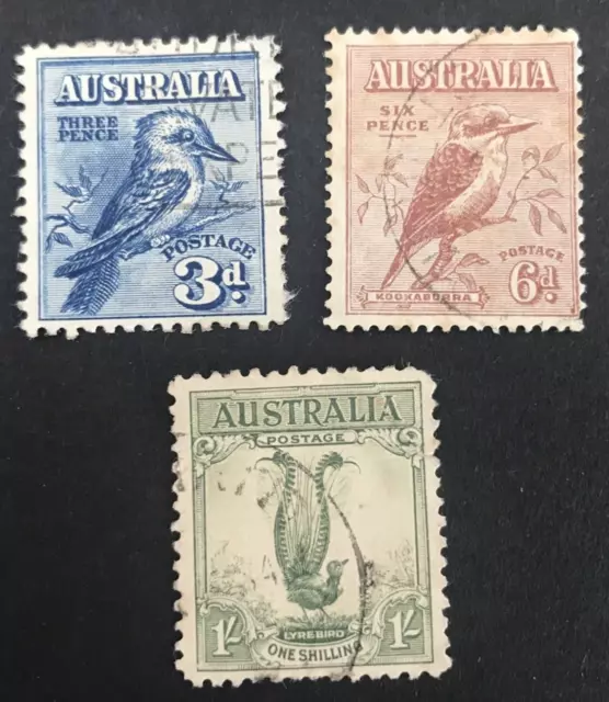 1928/32 Pre Decimal 3d & 6d Kookaburras + 1/- Lyrebird set of 3 Used Stamps