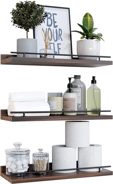 Floating Shelves with Black Metal Guardrail, Shelves for Wall Decor Set of 3
