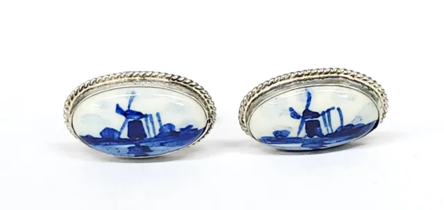 Vintage Sterling Silver Delft Windmill Blue Porcelain Cuff Links