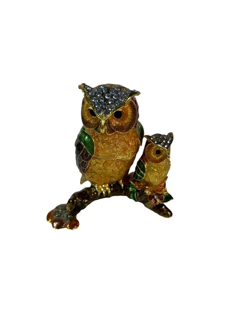 Two Owls On A Branch Enamel Trinket Box Bejeweled Keepsake Crystals RARE