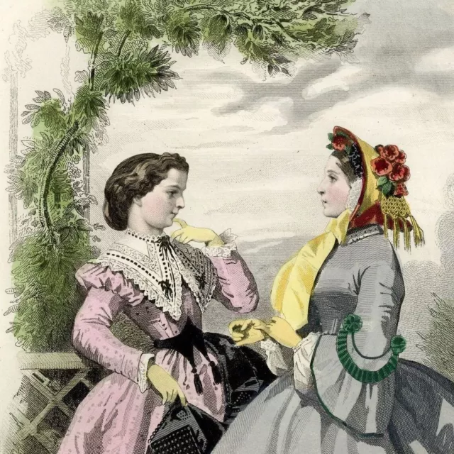 Les Modes Parisiennes Dress Amies au Jardin Original Watercolor Engraving 19th Century