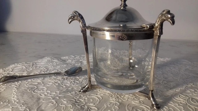 Antique French Mustard Pot Sterling Silver 950 Glass & Spoon Eagle Heads 19th C