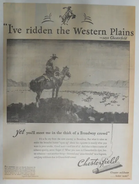 Chesterfield Cigarette Ad: Ridden Western Plains! from 1931 Size:~12 x 16 inches