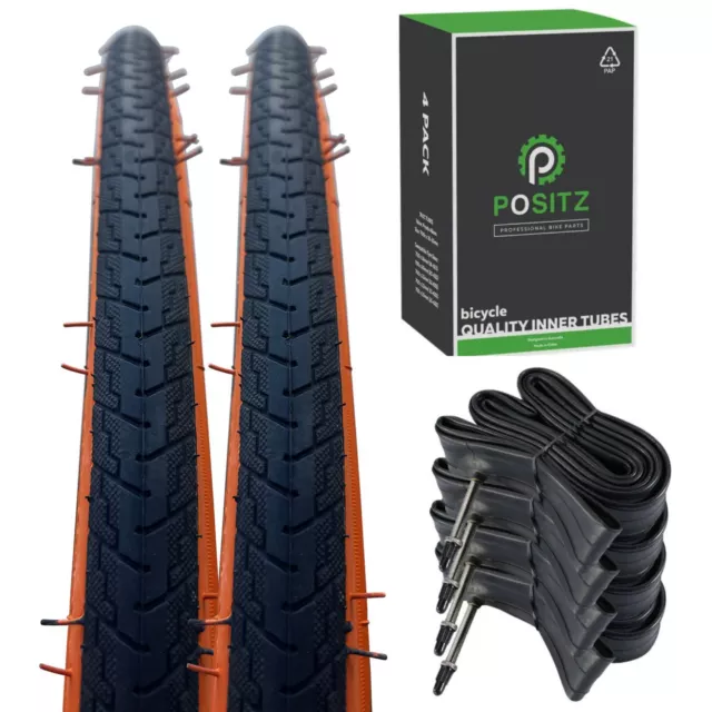 Positz 700 x 25c Value Pack 2x Road Bike Tangerine Wall Tyres + 4x Inner Tubes