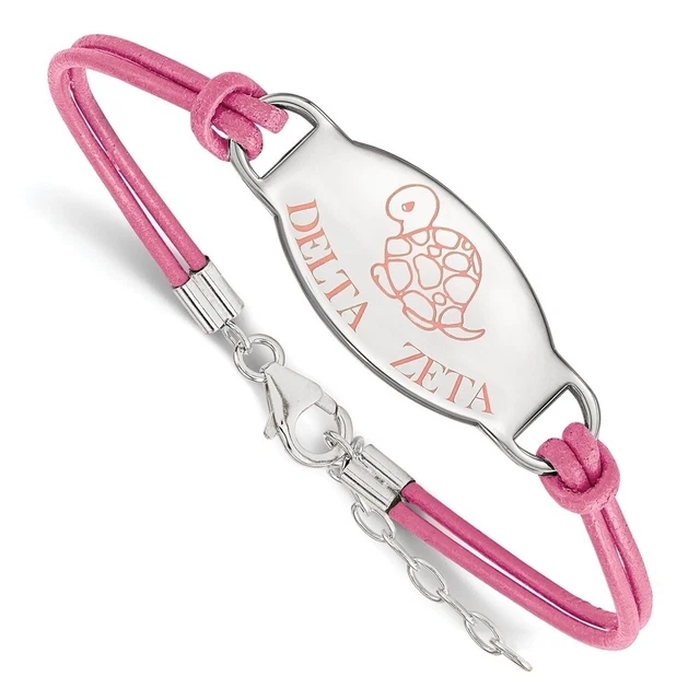 Sterling Silver Delta Zeta Enamel Pink Leather Bracelet - 7 In.