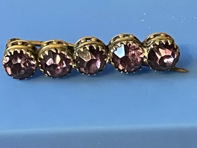 Antique 1.5” Brass Pin With 5 Pink Gems Faceted & Set In A Row
