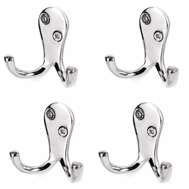 COAT HOOKS X4 Hat Double Chrome Two 2 Silver Metal Hanger Rack Cloakroom Scarf