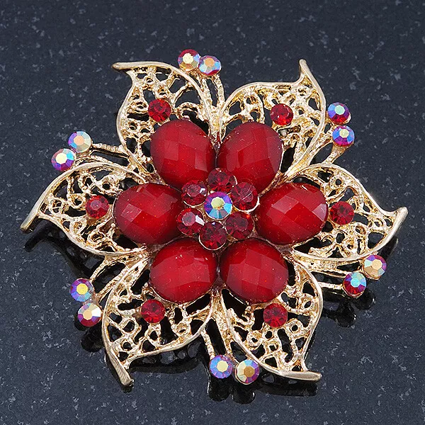 Red Vintage Inspired Filigree Crystal Brooch In Light Gold Tone - 60mm D