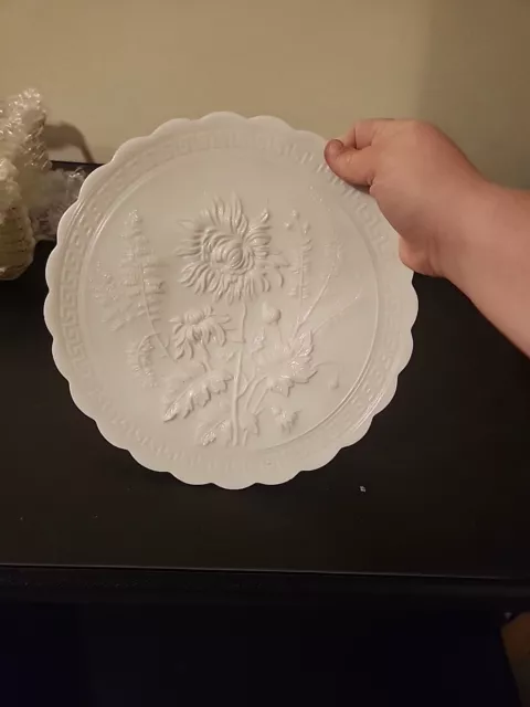 Vintage Imperial White Satin Glass Plate Raised Chrysanthemums