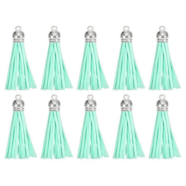 30Pcs 2.2" Leather Tassels Keychain Charm with Silver Cap for DIY, Lake Blue