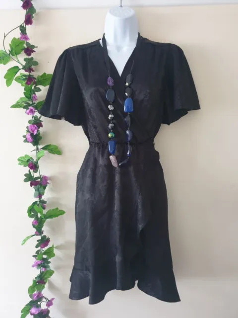Vintage RETRO Gypsy Dress S 8 Black Floral Satin Peasant Boho Milkmaid Hippie