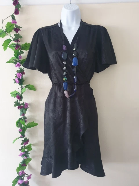 Vintage RETRO Gypsy Dress S 8 Black Floral Satin Peasant Boho Milkmaid Hippie