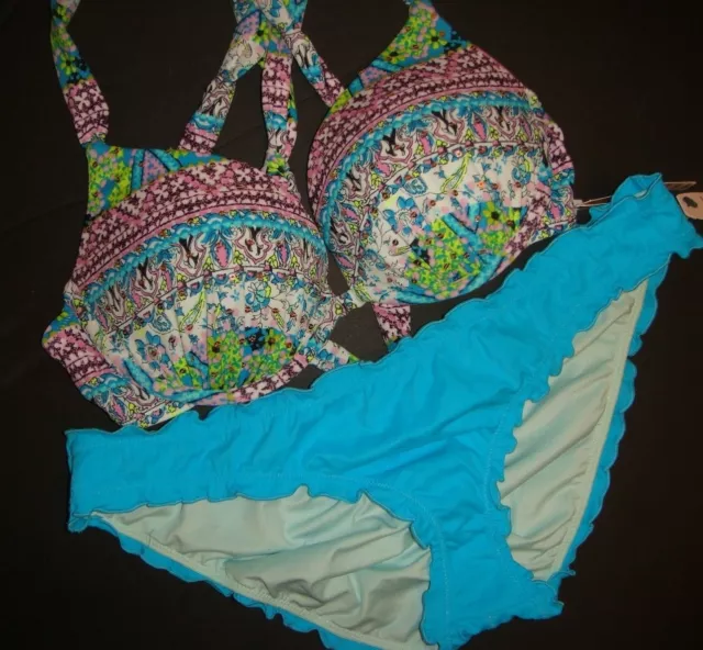 Victoria's Secret 34B,34D BIKINI s ruffle SEQUINED BALI embroidery BLUE GREEN