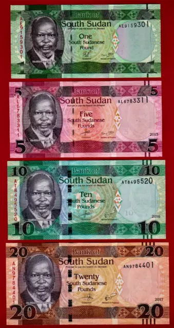 South Sudan UNC Notes: 1 (2011), 5 (2015), 10 (2016) & 20/2017 S. Sudanese Pound