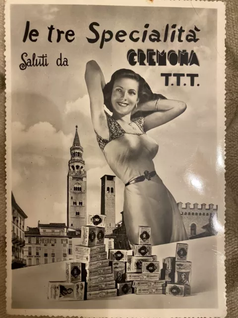 cartolina pubblicitaria Le Tre Specialità Saluti Da Cremona