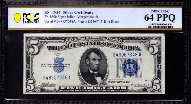 1934 $5 Silver Certificate Note Fr.1650 Ba Block Pcgs B Choice Unc 64 Ppq