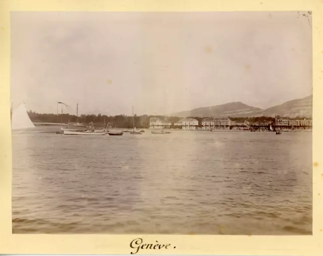 Suisse, Genève, Vue de la ville et des voiliers sur le lac, ca.1895, vintage alb