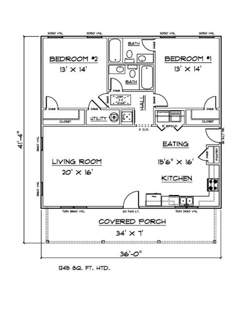 PDF Plan de casa para 1245 Sq. Casa de 2 dormitorios y 2 baños