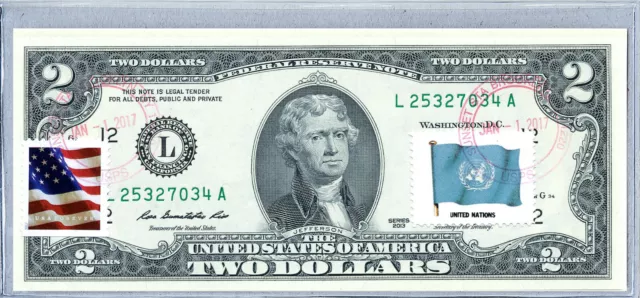 Paper Money US Two Dollar Bill Federal Reserve Note $2 Stamp Flag United Nations