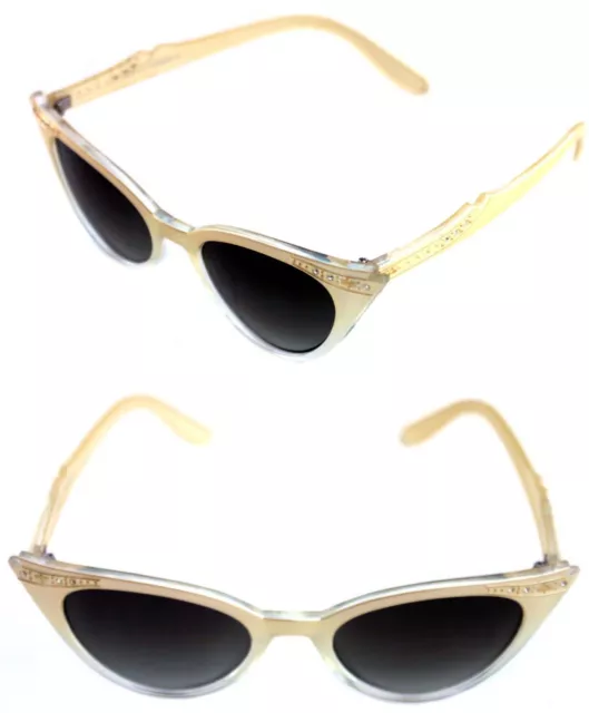 Women's small Cat Eye Vintage  Sunglasses Yellow Gold Clear Rhinestones 50's